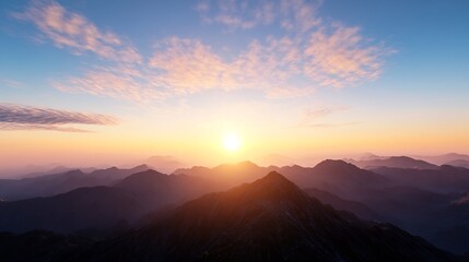 Aufkleber - Stunning mountain sunset view with golden sun rays illuminating the rugged peaks : Generative AI