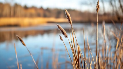 Aufkleber - Close Up of Tall Grasses by a Still Pond Capturing the Beauty of Nature : Generative AI