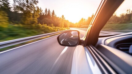Aufkleber - Dynamic motion capture of car driving on serene road with sunset in background showcasing freedom and adventure : Generative AI