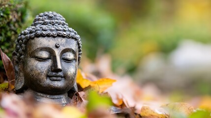 Aufkleber - Serene Buddha Statue Surrounded by Colorful Autumn Leaves in an Outdoor Garden Setting : Generative AI