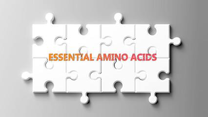 Aufkleber - Essential Amino Acids complex like a puzzle - pictured as word essential amino acids on a puzzle pieces to show its complexity. ,3d illustration
