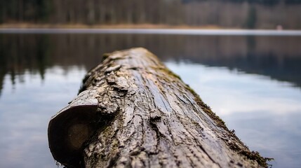 Poster - Close up view of a weathered log resting on the shore reflecting in a tranquil lake : Generative AI