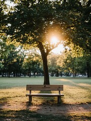 Poster - Peaceful park scene featuring a wooden bench under a tree with sunlight filtering through leaves : Generative AI