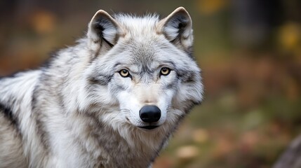 Poster - Stunning closeup portrait of a majestic wolf with piercing eyes in a natural setting : Generative AI