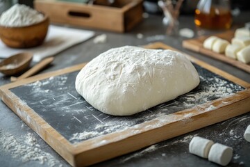 Poster - Fresh bread on a rustic wooden cutting board, perfect for a home kitchen or food photography