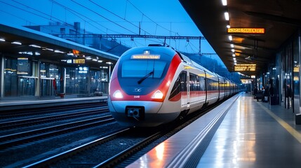 Aufkleber - Dynamic and modern train arriving at a busy city station during twilight hours : Generative AI