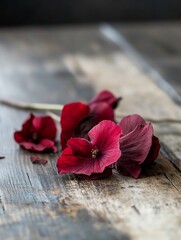 Poster - Delicate display of vibrant red flowers scattered on rustic wooden surface for natural beauty : Generative AI