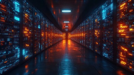 Poster - Neon-lit Server Room: A Digital Data Center's Glowing Interior
