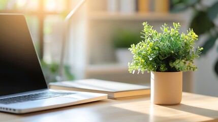 Poster - Bright indoor workspace with laptop and decorative green plant for a fresh atmosphere : Generative AI