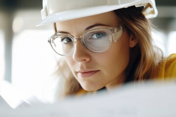 Poster - A woman wearing a hard hat and glasses is working on a construction site