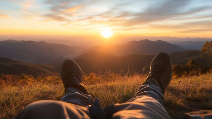 Aufkleber - Person relaxing on mountain top seeing sunset over hills with shoes on grass : Generative AI