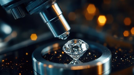 Poster - A diamond being inspected for inclusions using an advanced gemological microscope