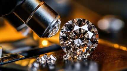 Poster - A diamond being inspected for inclusions using an advanced gemological microscope