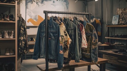 Aufkleber - Clothes rack with various items in a store setting