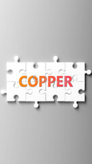 Aufkleber - Copper complex like a puzzle - pictured as word copper on a puzzle pieces to show that copper is complex and needs cooperating pieces that fit together. ,3d illustration