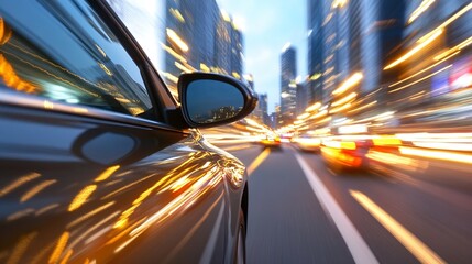 Aufkleber - Dynamic motion blur shot of a luxury car driving through a bustling city at night : Generative AI
