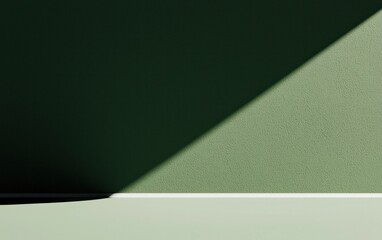 Poster - Abstract image featuring a diagonal split between two shades of green, a darker, shadowed green and a lighter, textured green. A thin white line separates the greens from a pale green base