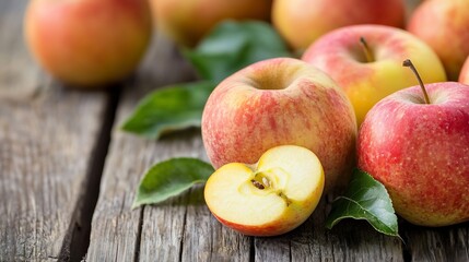 Poster - Freshly picked red apples on rustic wooden surface with green leaves creating a vibrant scene : Generative AI