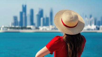 Poster - A woman admires the urban landscape from afar, wearing a bright red shirt and straw hat
