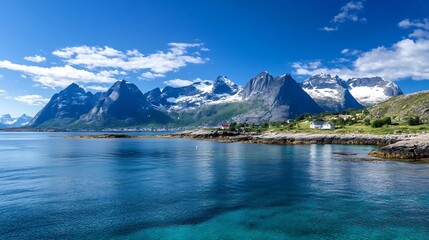 Aufkleber - Breathtaking view of serene fjords and majestic mountains under a clear blue sky in Norway : Generative AI