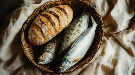 Poster - Fresh fish and a loaf of bread placed together in a natural wicker basket
