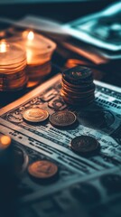 Aufkleber - A stack of coins sits atop a pile of cash, offering a glimpse into financial abundance