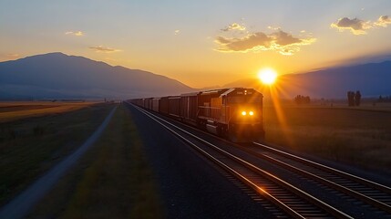 Aufkleber - Dramatic Sunset Over Train Tracks with Freight Train Passing Against Mountains and Blue Sky : Generative AI