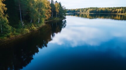 Poster - Scenic tranquil lake reflecting autumn trees against a clear sky in a serene environment : Generative AI