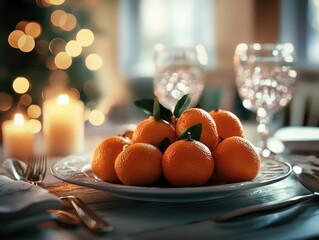 Aufkleber - A plate of fresh oranges sitting on a table, perfect for still life photography or as a prop in food-related scenes