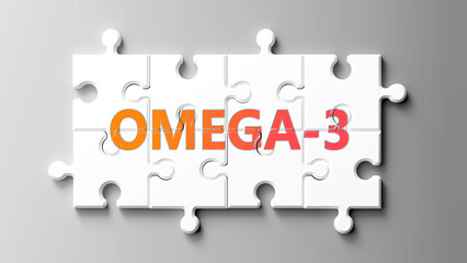 Aufkleber - Omega-3 complex like a puzzle - pictured as word omega-3 on a puzzle pieces to show that omega-3 is complex and needs cooperating pieces that fit together. ,3d illustration
