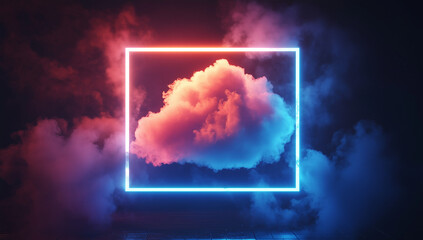 Poster - 3d abstract background with ultraviolet neon lights, empty frame, cosmic landscape, glowing tunnel door with smoke