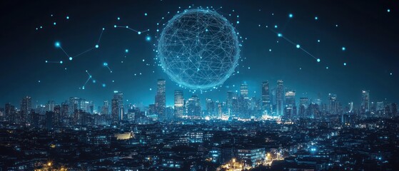 Poster - Global Network Cityscape: A Futuristic Vision of Connected Urban Life