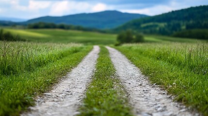Poster - Scenic dirt path leading through lush green fields under cloudy skies : Generative AI