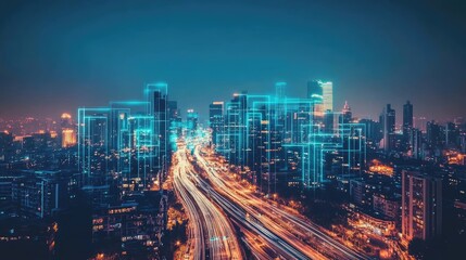 Poster - An urban skyline with glowing digital EV icons representing smart transportation systems.
