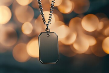 Poster - A simple dog tag hangs from a chain on a string, often used for identification or decoration