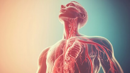 Aufkleber - An artistic rendering of the human circulatory system, featuring arteries and veins flowing through the body, against a soft gradient background.