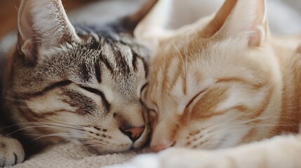 Poster - Two adorable cats peacefully sleeping close together on a cozy blanket in a warm indoor setting : Generative AI