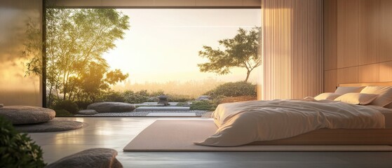 Poster - A cozy bedroom with a bed and a large window