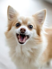 Poster - Happy fluffy dog with a big smile showcasing its playful and friendly nature indoors : Generative AI