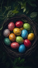 Aufkleber - A basket filled with colorful Easter eggs sits atop a tree branch, perfect for springtime or holiday decorations