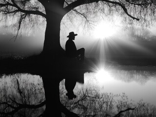 Poster - A person sits by the water's edge, surrounded by nature