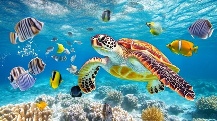 Poster - An underwater shot of a sea turtle interacting with a vibrant school of fish, showcasing the harmony of marine life and the beauty of ocean ecosystems.