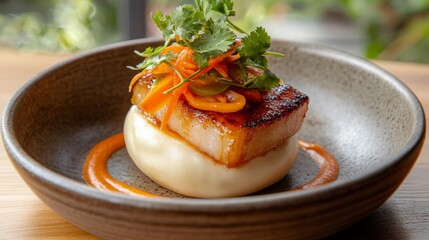 Poster - A beautifully presented pork belly bao bun, topped with pickled vegetables and cilantro, set on a wooden table with soft natural lighting.