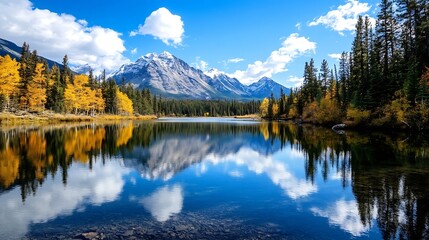 Poster - Breathtaking View of Mountain Landscape Reflected in Calm Lake Surrounded by Autumn Foliage : Generative AI