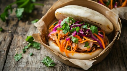 Poster - A beautifully presented pork belly bao bun, topped with pickled vegetables and cilantro, set on a wooden table with soft natural lighting.