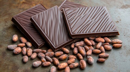 Poster - A beautiful overhead shot of chocolate bars and cocoa beans scattered on a rustic table, evoking the rich history and flavor of chocolate-making.