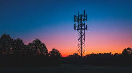 Fototapete - A captivating image of a cell phone tower at dusk, illuminated by soft lights, creating a beautiful contrast against the darkening sky.