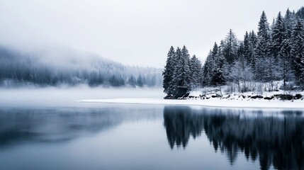 Poster - Misty Winter Wonderland with SnowCovered Trees Reflecting in a Calm Water Body : Generative AI