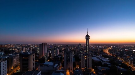 Poster - Vibrant urban skyline at sunset showcasing modern architecture and city lights reflecting in a bustling metropolis : Generative AI