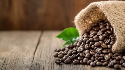 Poster - Aromatic coffee beans spilling out of a burlap sack onto a rustic wooden table for a cozy feel : Generative AI